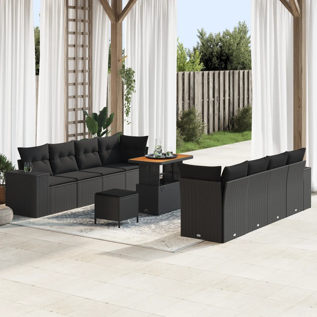 Conjunto de Sofá de Jardim de 11 Peças com Almofadas Preto Rattan Poli