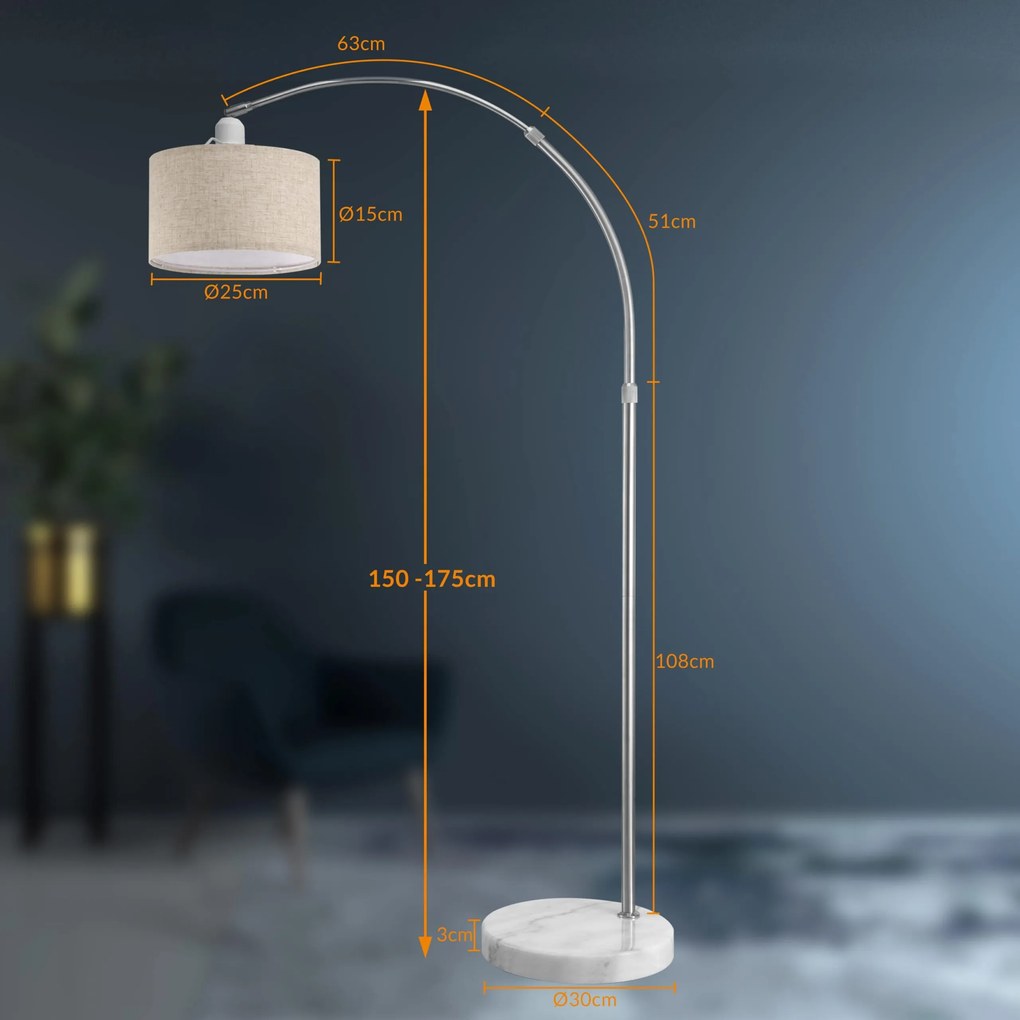 Candeeiro Pé em arco em linho 150-175 cm ajustável cinzento