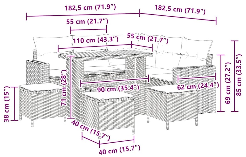 Conjunto de sofá de jardim 9 peças com almofadas cinzas em rattan sint