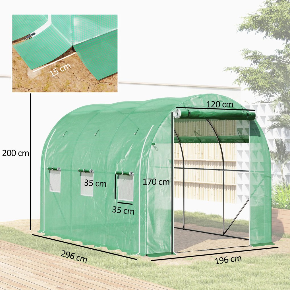 Estufa Tipo Túnel 296x196x200 cm Estufa de Jardim com 3 Portas e 6 Janelas Enroláveis Teto Curvo para Cultivo Verde