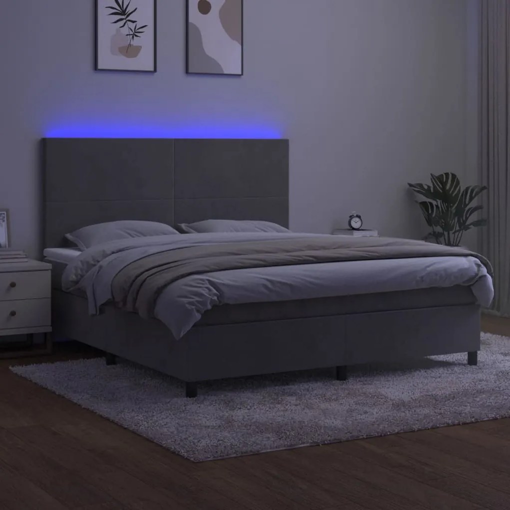 Cama box spring c/ colchão/LED 160x200 cm veludo cinzento-claro