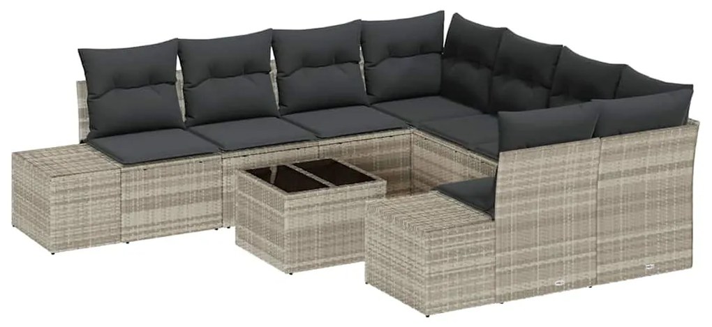 Conjunto de Sofá de Jardim com 9 peças e almofadas cinza claro em ratt