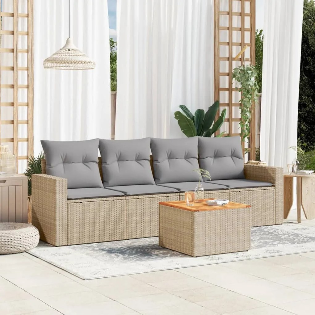 5 pcs conj. sofás jardim c/ almofadões vime PE bege misturado