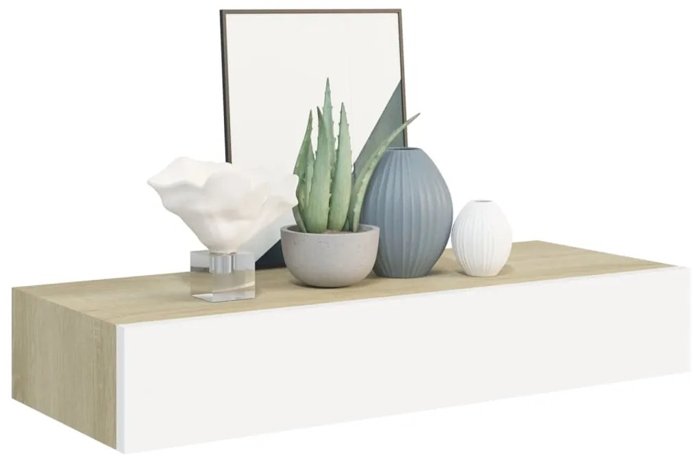 Prateleiras parede c/ gavetas 2pcs MDF carvalho/branco