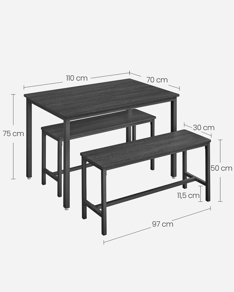 Conjunto Mesa de jantar 70 x 110 x 75 cm com 2 bancos compridos conjunto de 3 peças preto