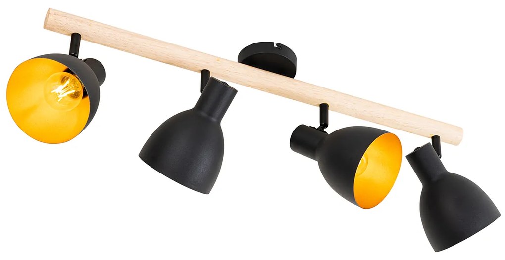 Candeeiro de teto rústico preto com madeira 4 luzes - Flint