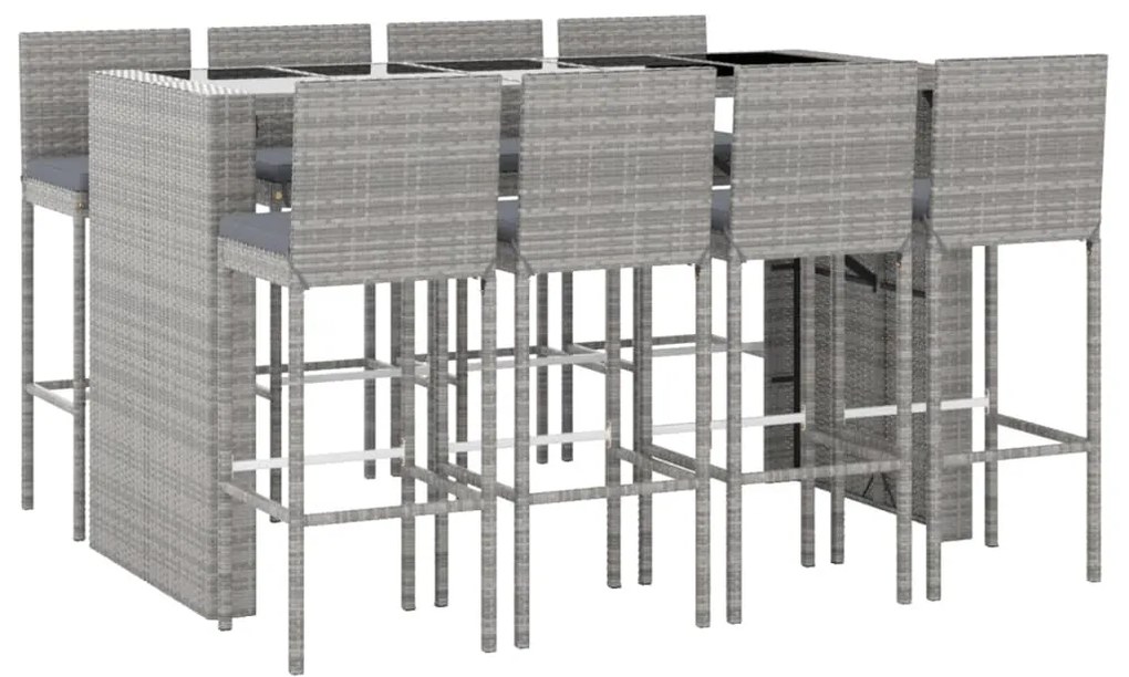 9 pcs conjunto de bar p/ jardim c/ almofadões vime PE cinzento