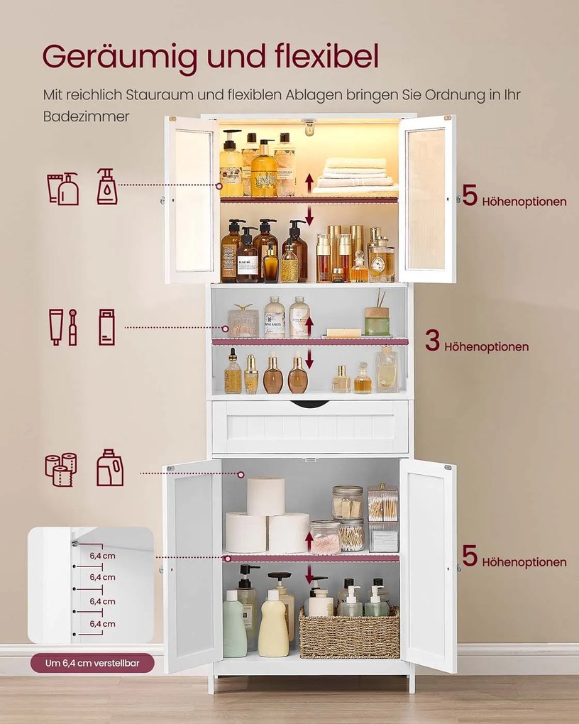 Armário de casa de banho com iluminação LED e prateleiras 30 x 60 x 170 cm, gaveta e compartimentos abertos Branco 