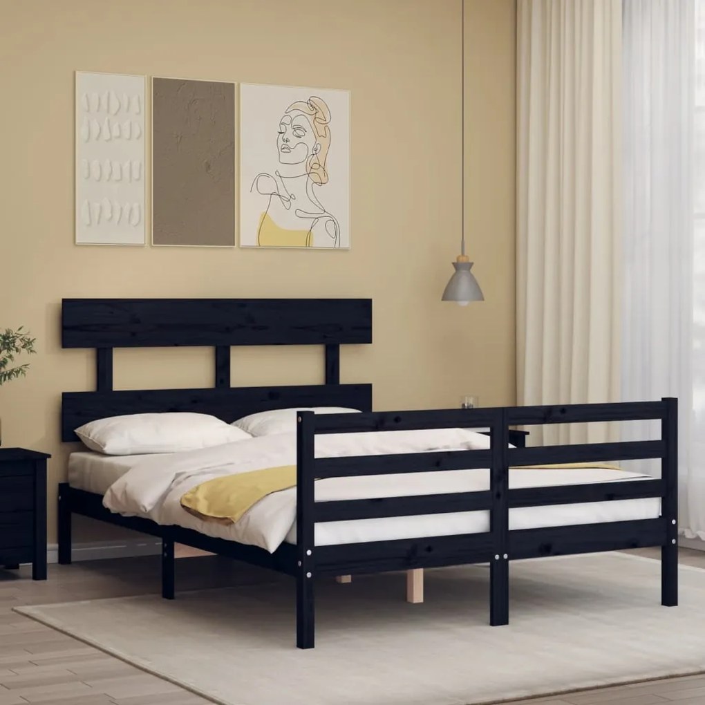 Estrutura de cama de casal c/ cabeceira madeira maciça preto