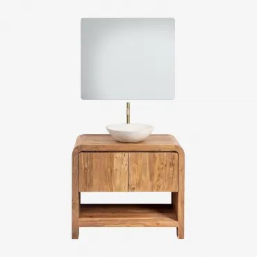 Conjunto De Móvel De Casa De Banho Em Madeira Vacry Castanho Acácia & Cimento Redondo Branco Ø40 Cm Zavion & Led Retangular E Anti-embaciamento 80x70