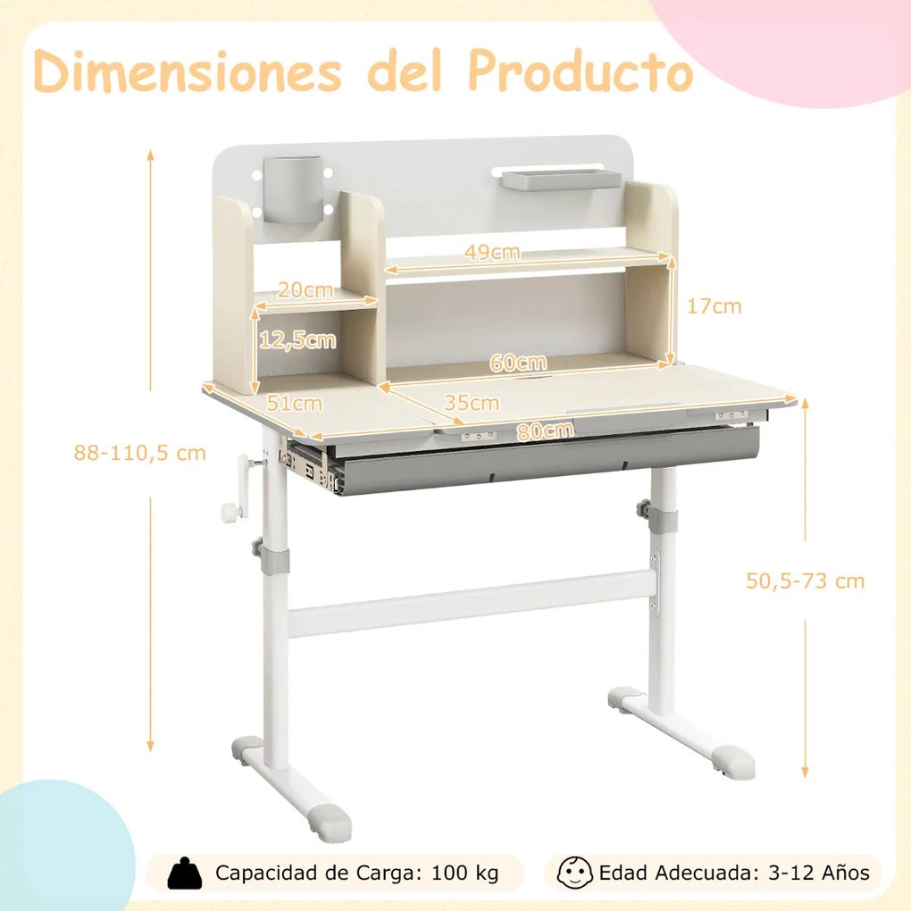 Secretária Infantil 80 x 51 x 88-110,5 cm com Altura Ajustável, Inclinável Gaveta Bandeja Estantes para Casa Escola Cinzenta