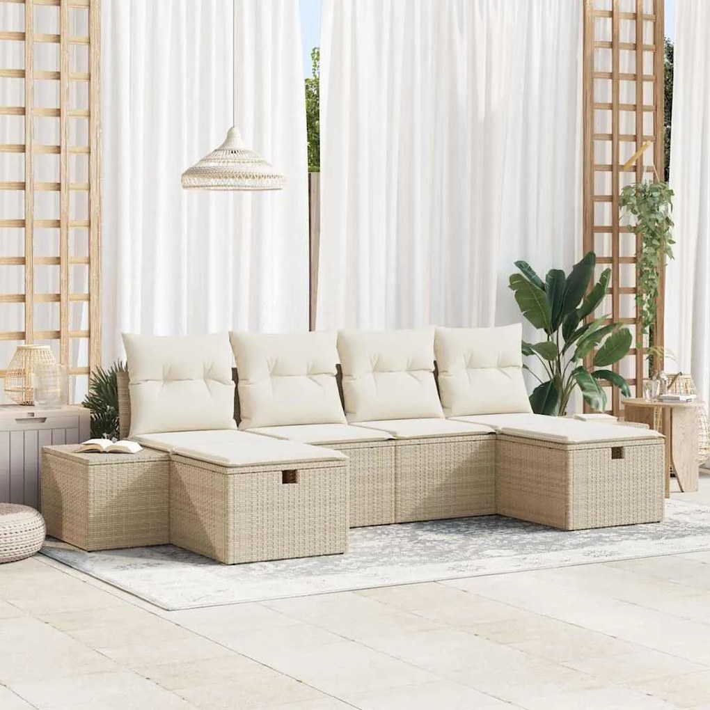 Conjunto de sofá de jardim com 6 peças e almofadas bege em rattan sint