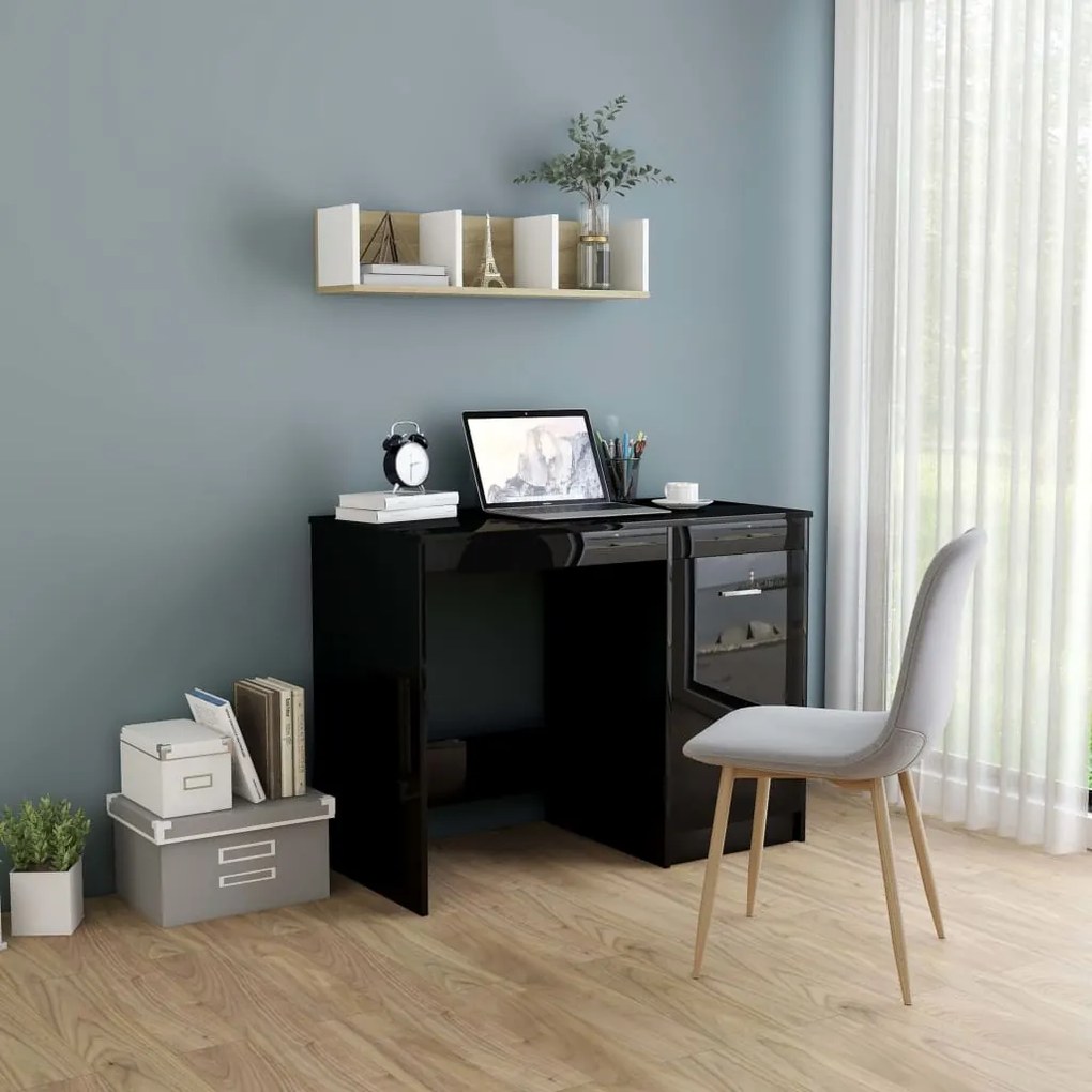vidaXL Secretária 100x50x76 cm contraplacado preto brilhante