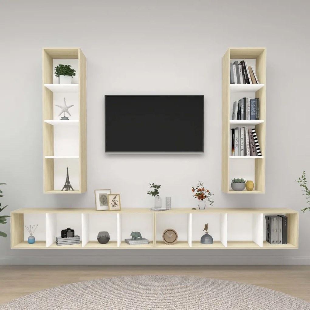 vidaXL Armários de parede p/ TV 4pcs derivados madeira branco/sonoma