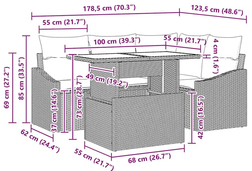Conjunto de Sofás de Jardim de 5 Peças com Almofadas Cinza em Rattan S
