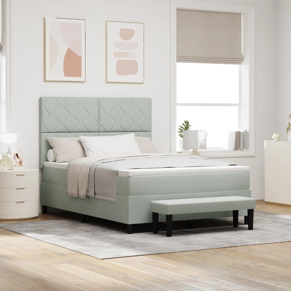 vidaXL Cama Box Spring com Colchão e Banco Cinza Claro 140x190 cm Veludo