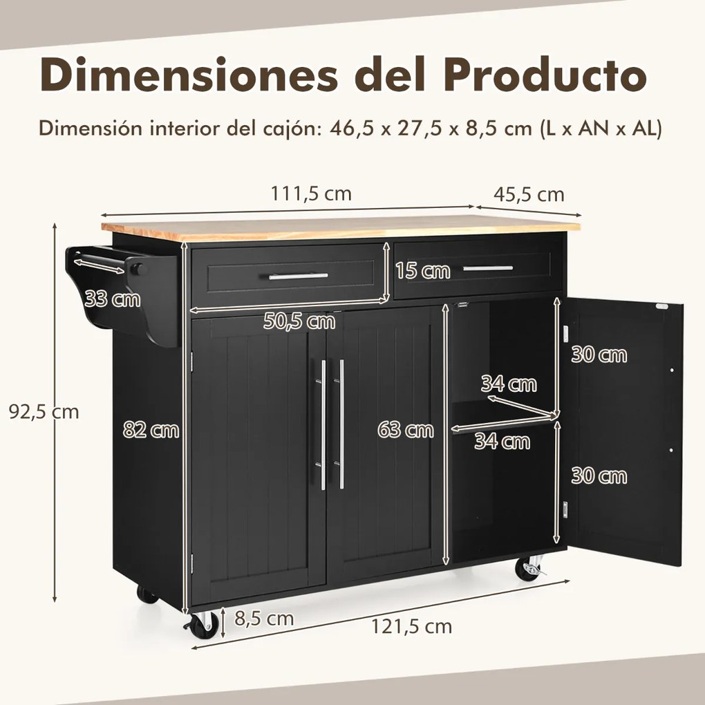 Carrinho de cozinha com rodas, 2 gavetas, 2 armários, ilha de cozinha, porta-copos, prateleira regulável para cozinha Preto