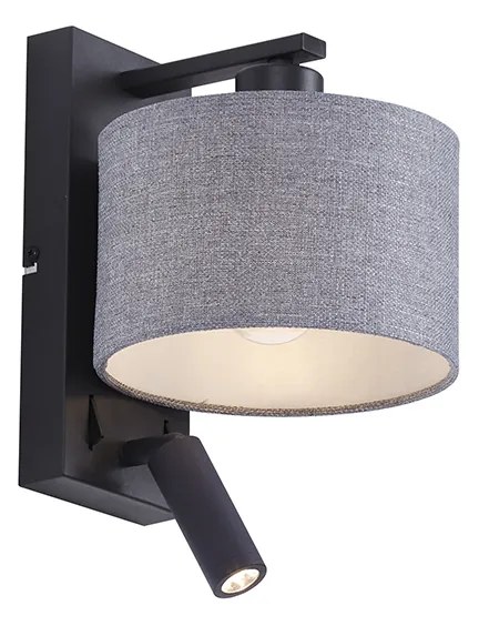 LED Candeeiro de parede moderno preto com redondo cinzento e luz de leitura - Puglia Moderno