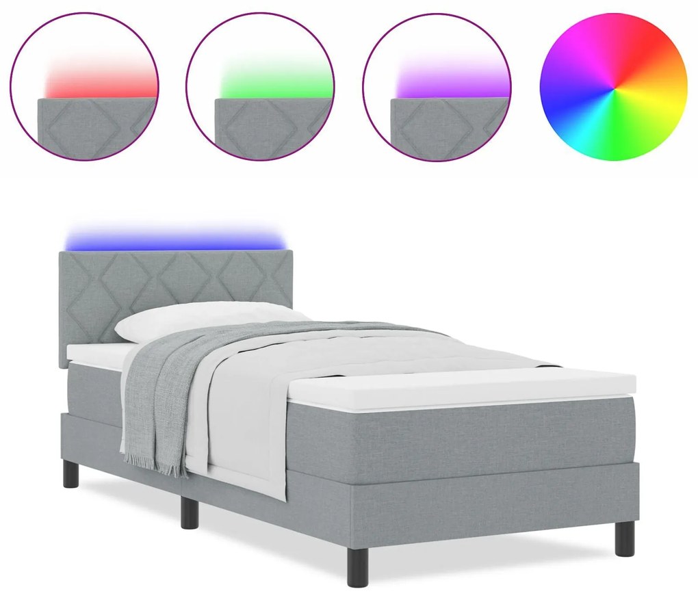 Cama Box Spring com Colchão &amp; LED Cinza Claro 90x200 cm Tecido
