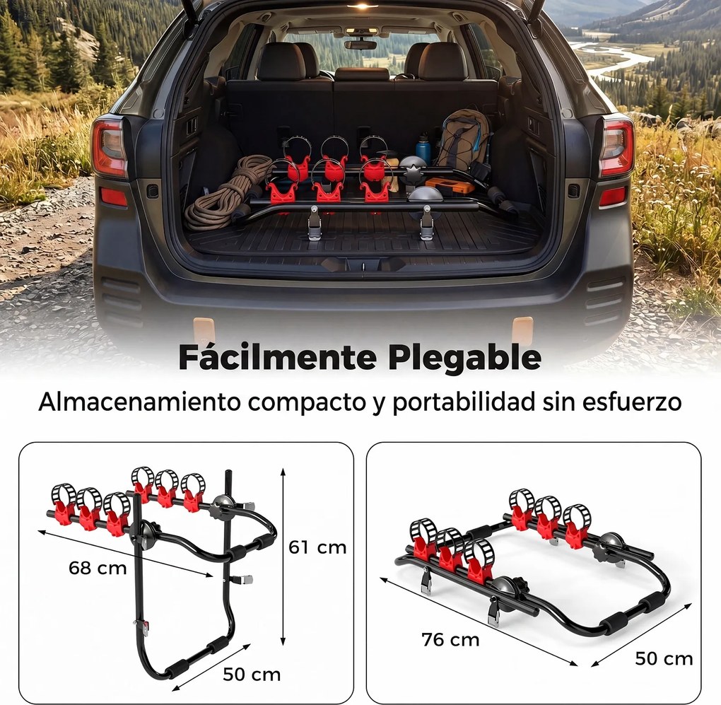 Porta-Bicicletas para Porta-Bagagens Dobrável, 68 x 50 x 61 cm, Capacidade para 3 Bicicletas, Vermelho+Preto