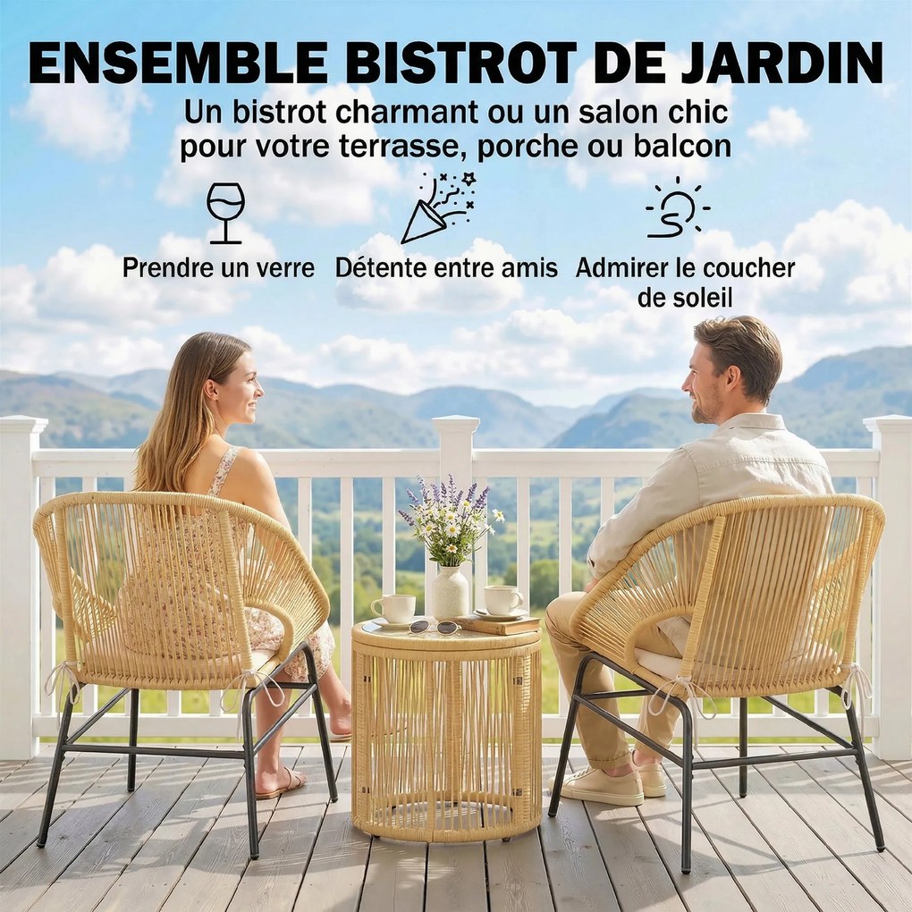 Conjunto de jardim, 3 peças: 2 poltronas confortáveis e mesa em vidro temperado, com almofadas com capas removíveis em bege
