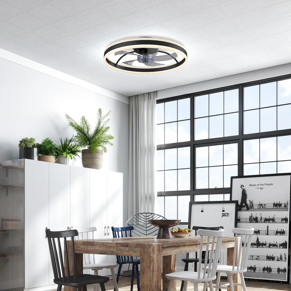 Ventoinha de Teto com Luz LED 6 Velocidades Motor Reversível e Comando Remoto Potência 45 W Ø50x13,5 cm Preto