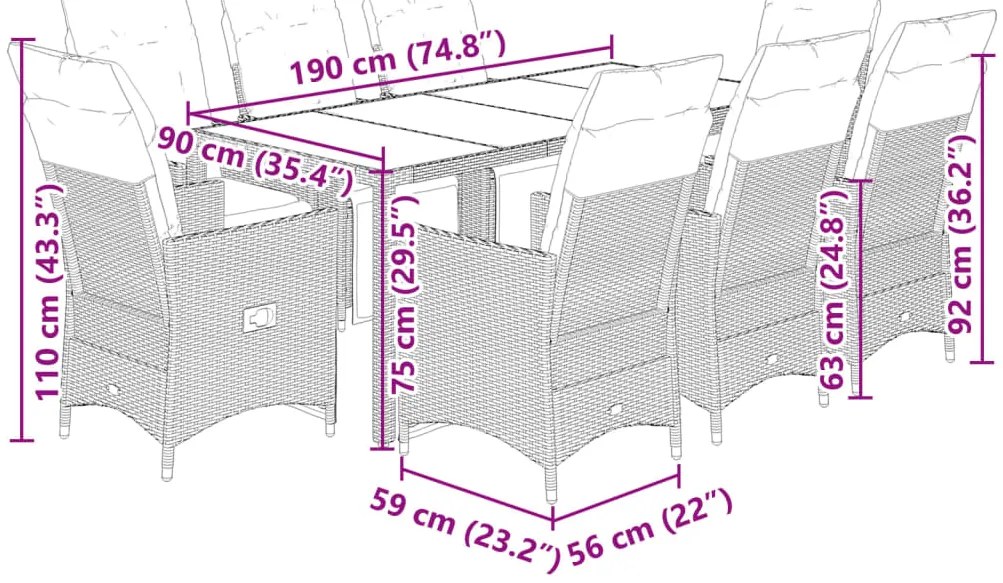 9 pcs conjunto bistrô de jardim c/ almofadões vime PE castanho