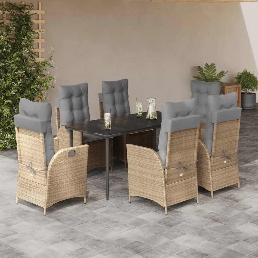 7 pcs conjunto de jantar p/ jardim com almofadões vime PE bege
