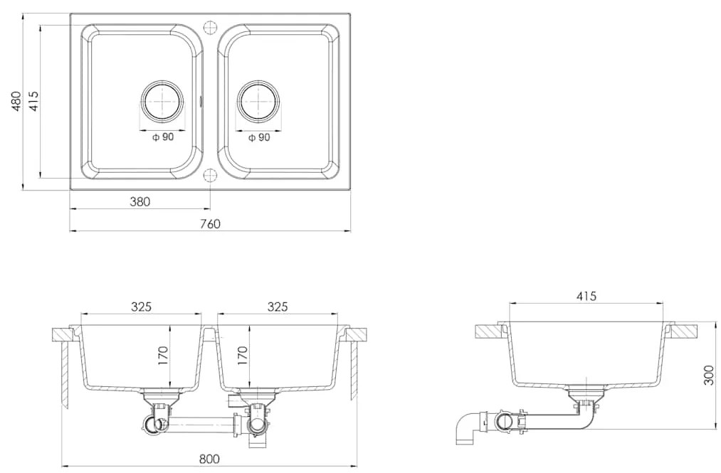 Pia de Cozinha Cinza 760x480x184 mm Granito