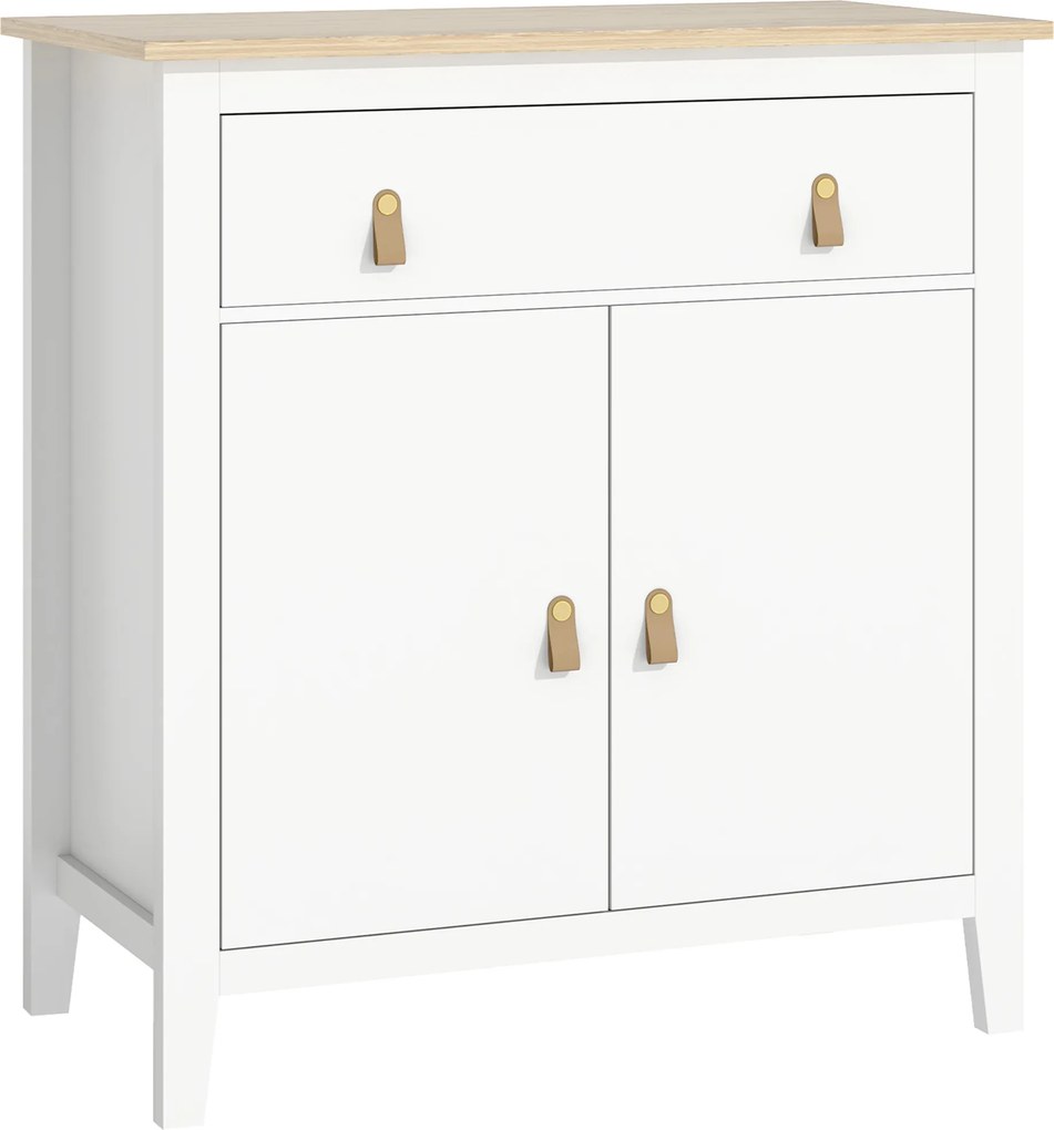 Aparador Sala de Estar Moderno com Gaveta Prateleira Ajustável e Puxadores em PU 80x40x90 cm Branco e Madeira