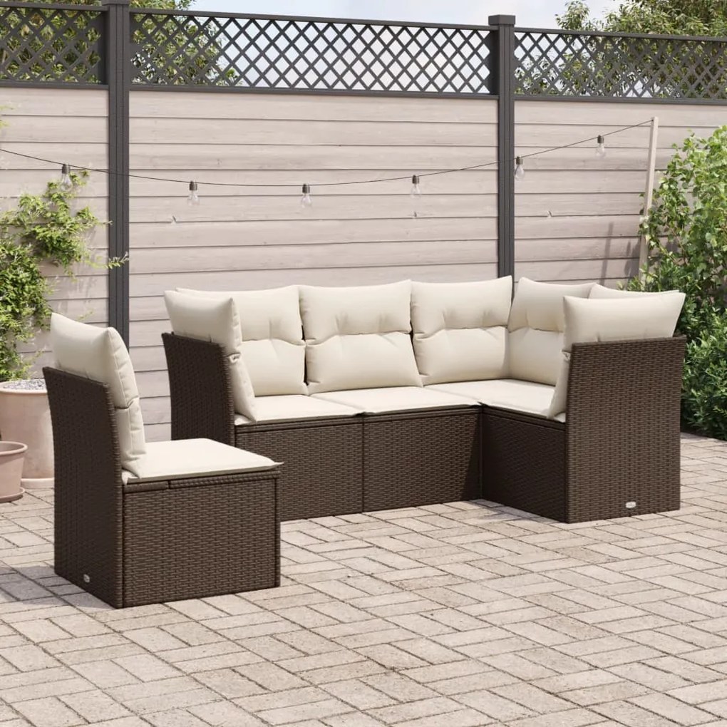 5 pcs conjunto sofás p/ jardim c/ almofadões vime PE castanho