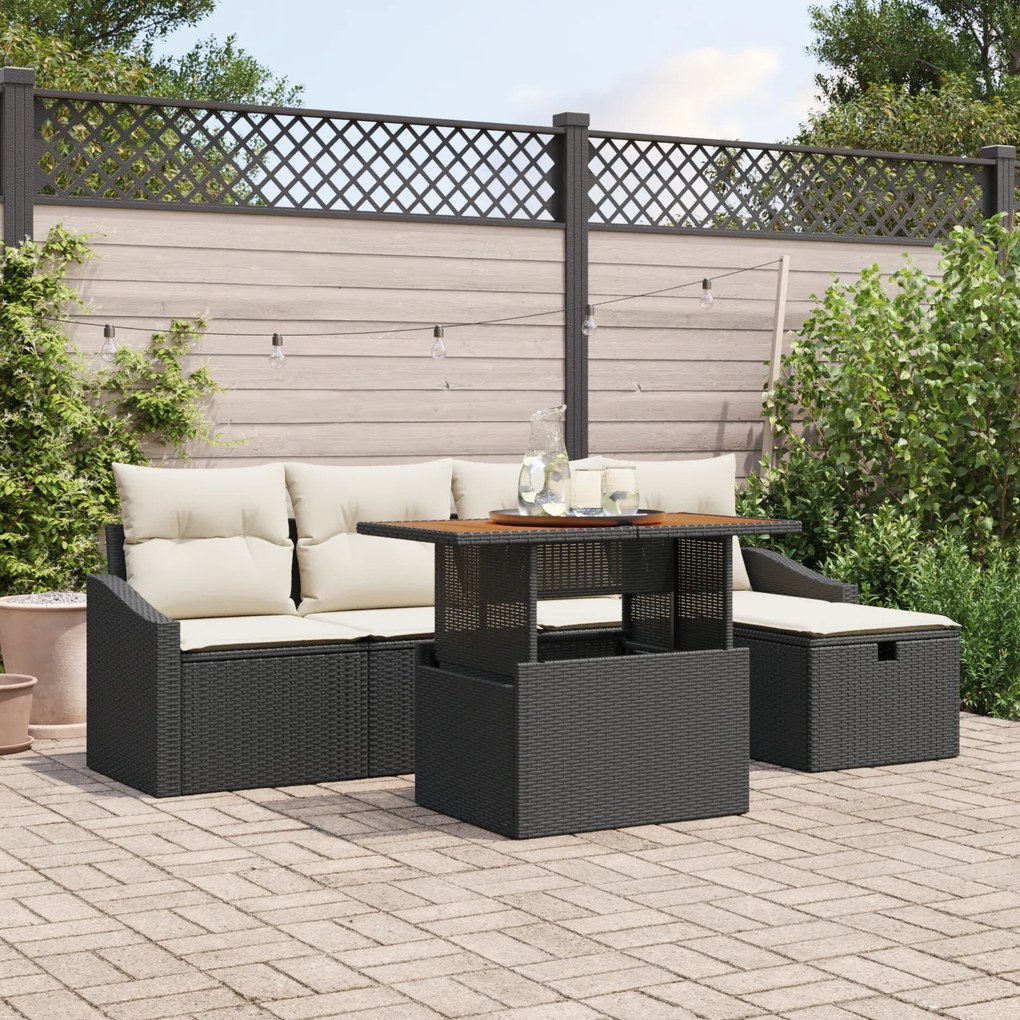 Conjunto de Sofá de Jardim de 6 Peças com Almofadas Rattan Preto