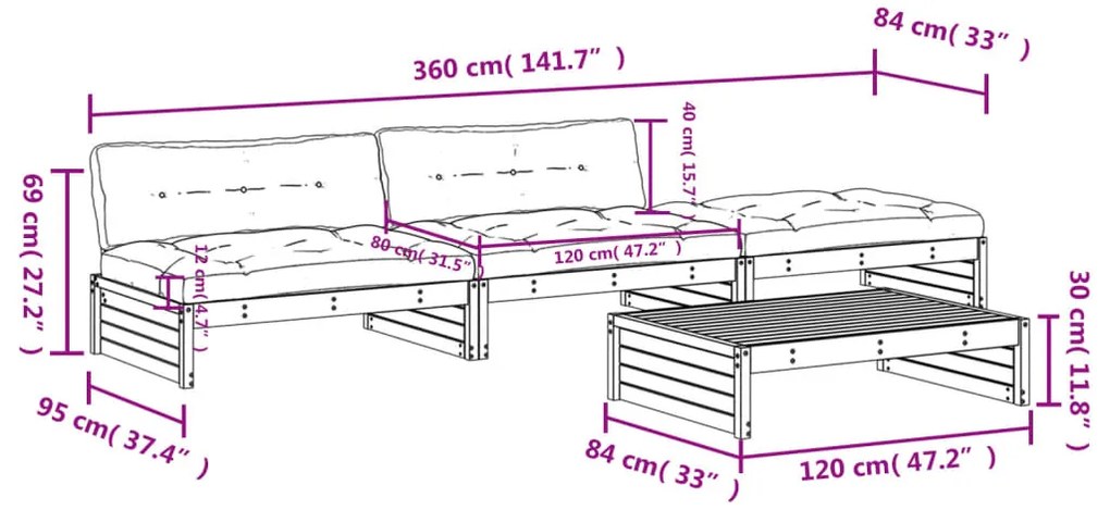 4pcs conjunto lounge jardim c/ almofadões madeira maciça preto