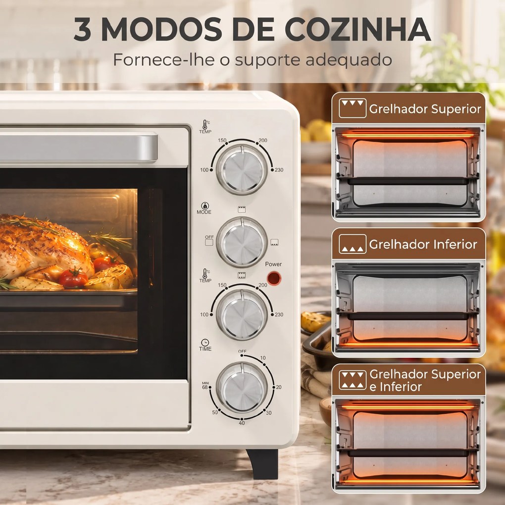 Forno Elétrico de Bancada 32 L 1600 W com 3 Modos de Calor Temporizador e Temperatura Regulável 52,2x38,1x33,5 cm Creme