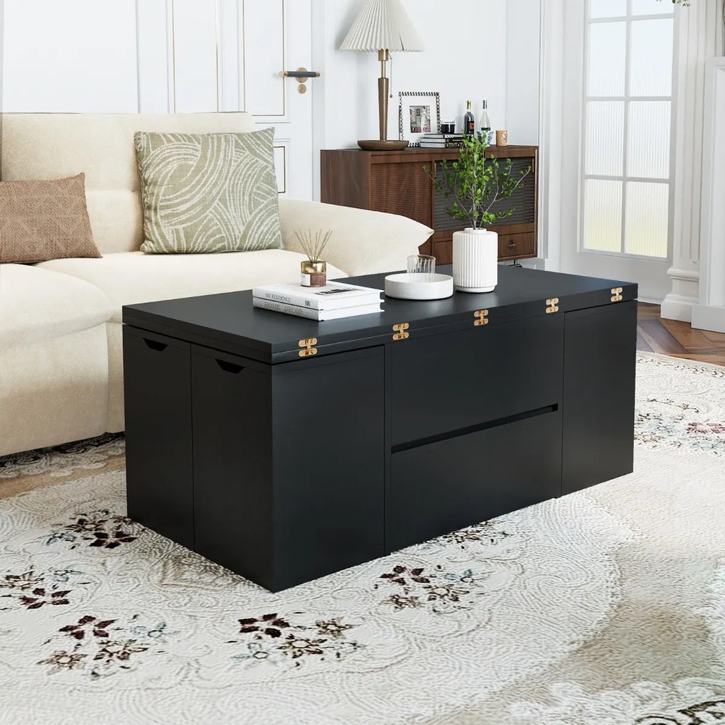 Mesa de centro elevável conversível em mesa de jantar para 4 pessoas com 4 bancos 3 em 1 extensível com e gaveta Preta
