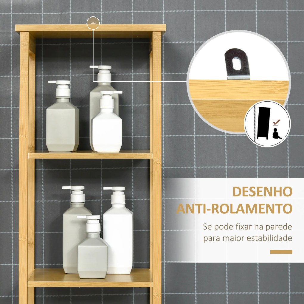 kleankin Coluna Casa de Banho de Bambú Coluna Alta para Casa de Banho com 3 Prateleiras e 1 Porta Móvel de Armazenamento para Sala de Estar Cozinha 34x30x173cm Natural