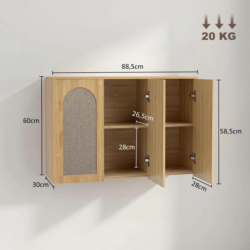 Armário de parede para casa de banho de estilo boémio 88,5 (L) x 30 (P) x 60 (A) cm com 3 portas com efeito de vime e fecho suave e prateleira ajustáv