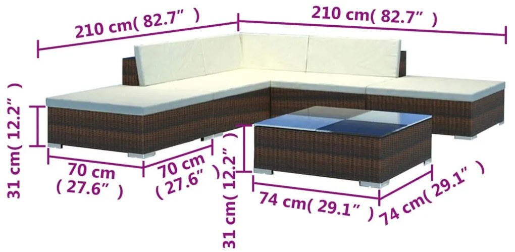 6 pcs conjunto lounge jardim c/ almofadões vime PE castanho