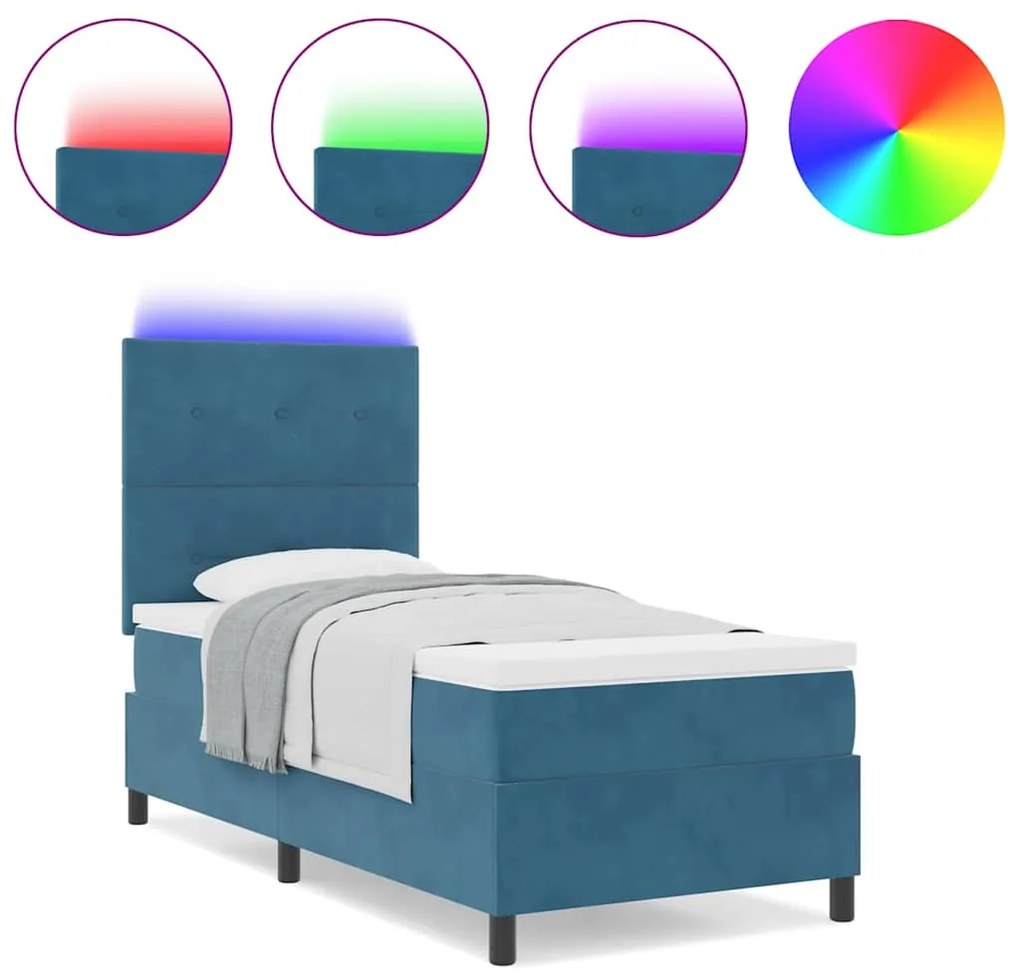 Cama Box com Colchão &amp; LED VidaXL Azul Escuro 90x190 cm Veludo