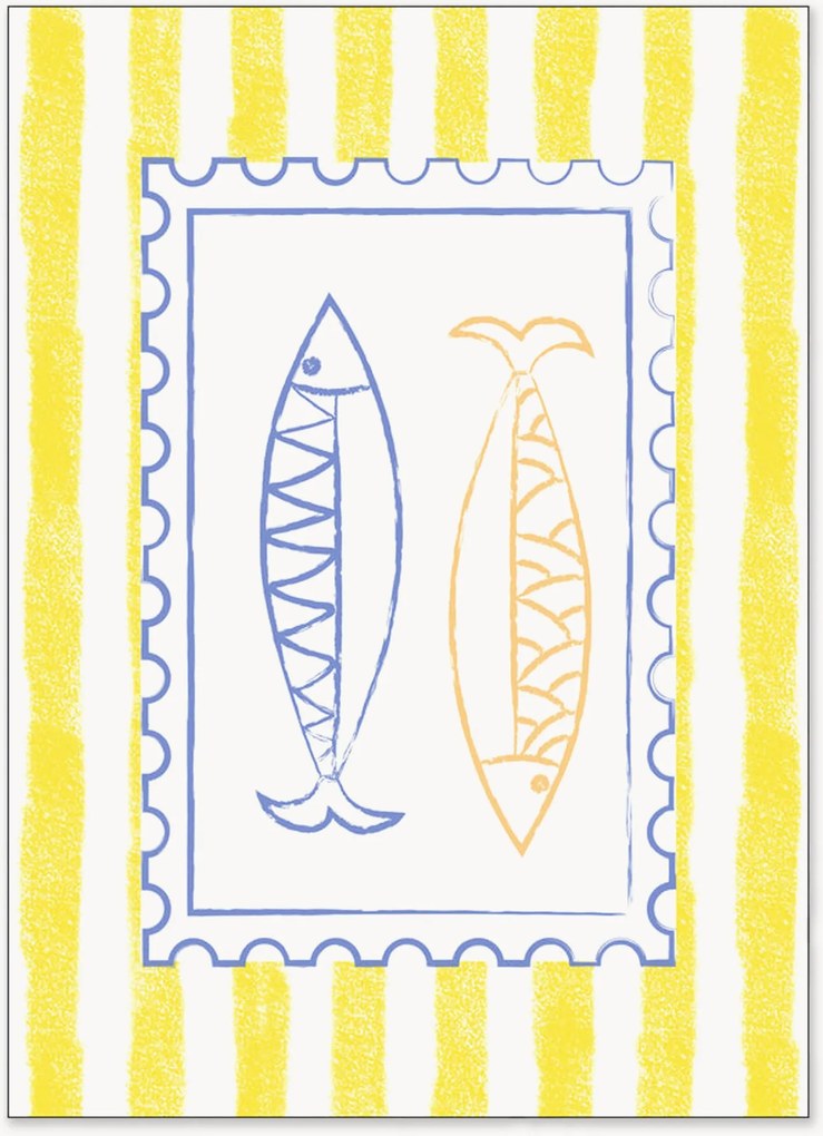Impressão digital Blue and Yellow Fish Stamp on Yellow Stripes por Jolly and Dash