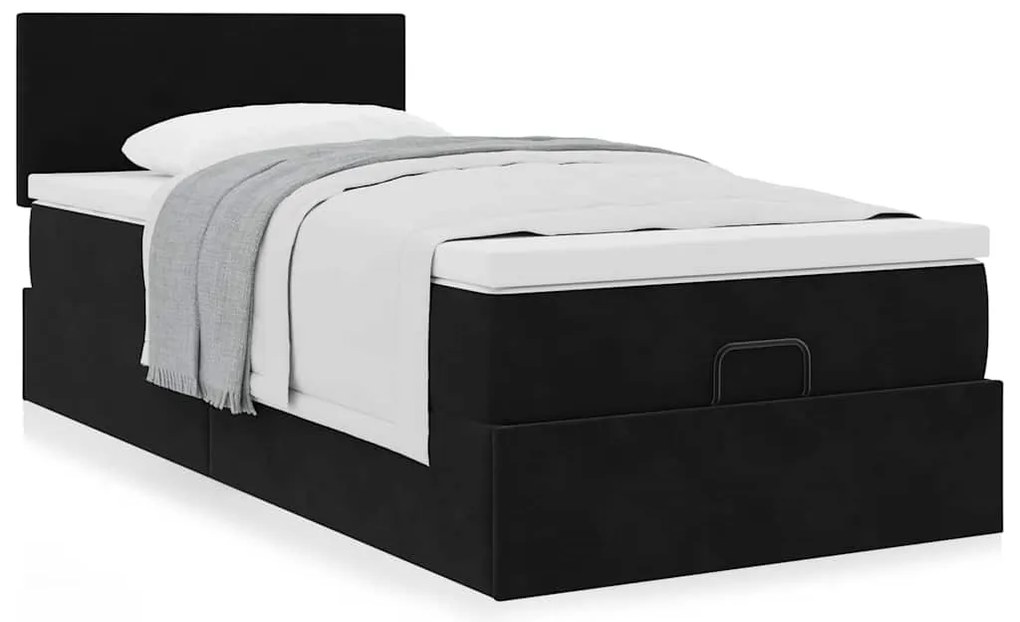 Estrutura de cama otomana com colchão preto veludo