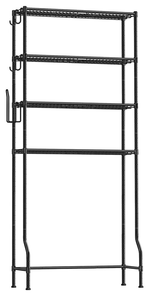 SONGMICS 4 camadas sobre o armazenamento do banheiro, rack de armazenamento de metal, prateleiras ajustáveis, 4 ganchos, suporte para rolo, organizador de prateleira de armazenamento para banheiro que economiza espaço, 30 x 83 x 176 cm preto BTS023B01