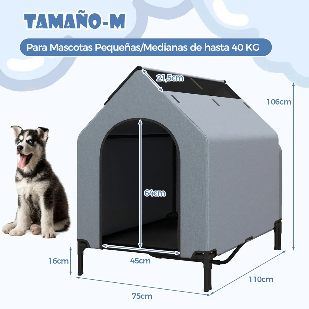 Casota 110 CM para cães de raça pequena com janelas ventiladas Cobertura amovível para interior/exterior Cinzento e Preto