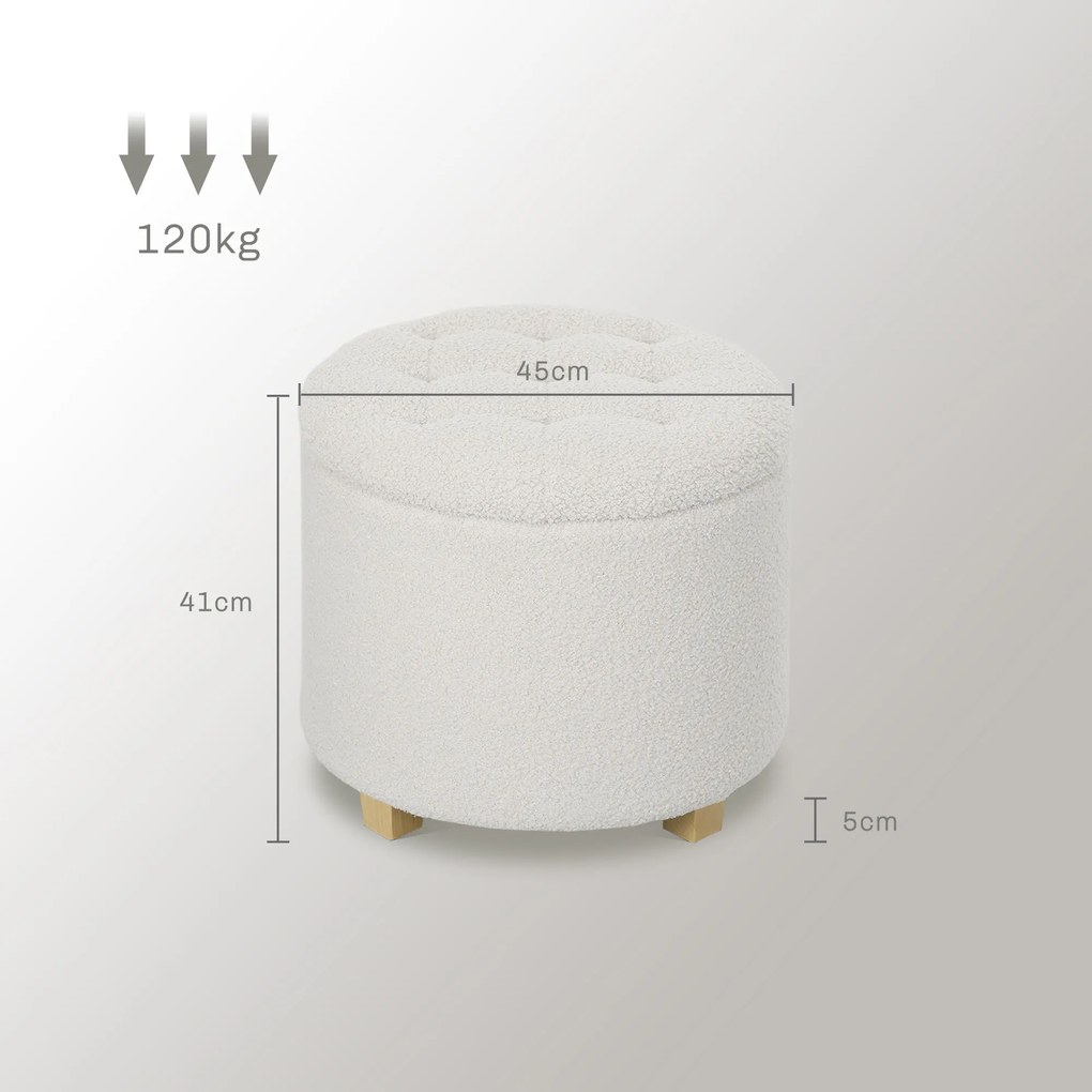 Pufe com arrumação, banco redondo, pufe para apoiar os pés em tecido felpudo, capacidade de 120 kg, Ø 45 x 41 cm, branco