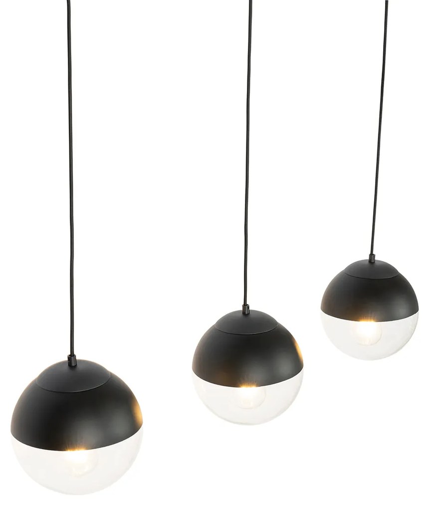 Candeeiro de suspensão retro preto com vidro transparente oblongo 3 luzes - Eclipse