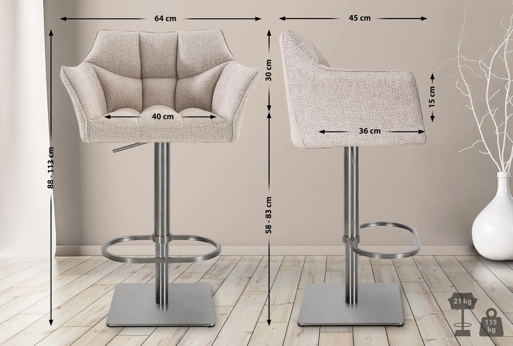 Banco de bar Damaso em tecido e com estrutura prateada 64 x 88-113 x 45 cm Bege marfim