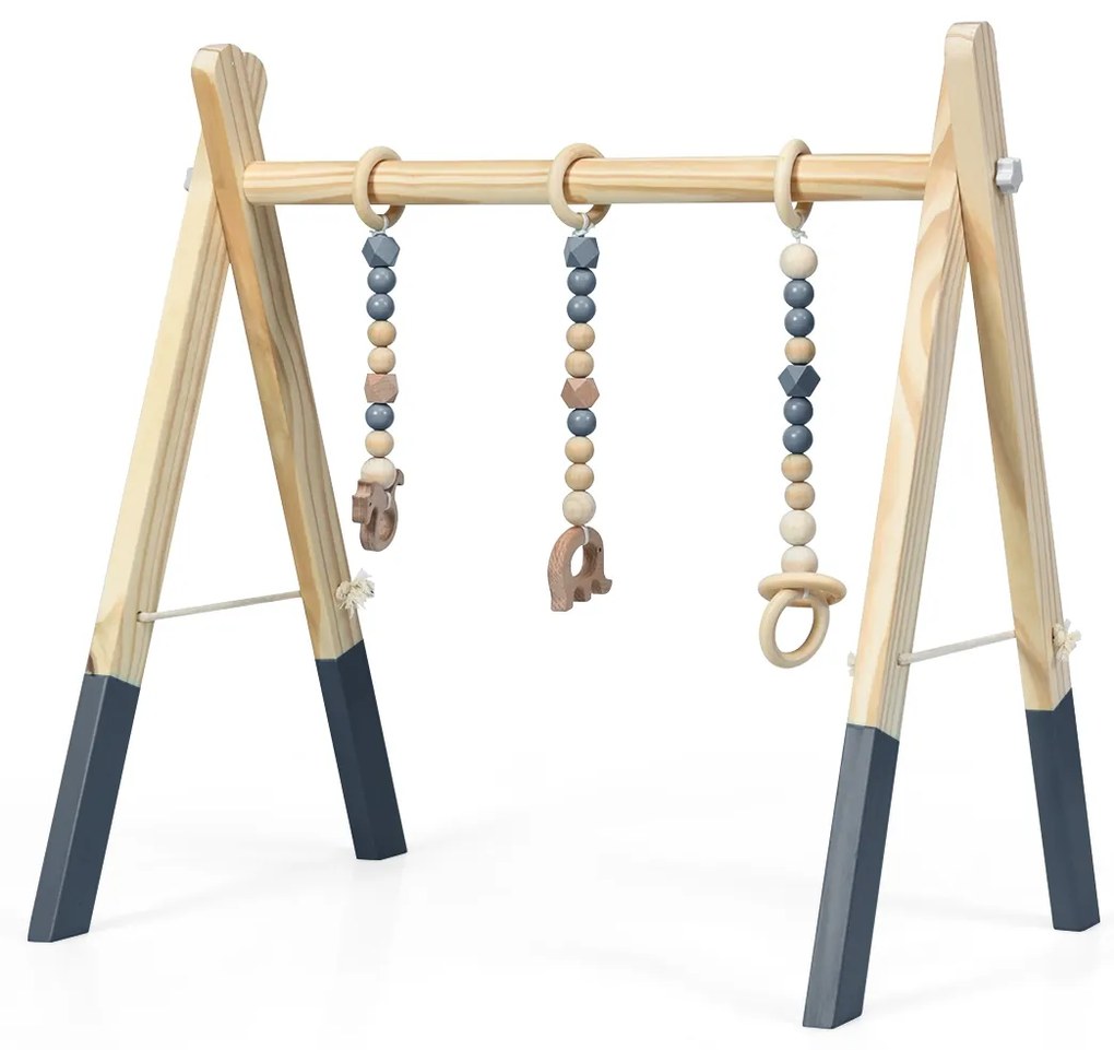 Ginásio para bebés com brinquedos para a dentição Desenvolvimento cerebral dobrável em madeira para crianças +3 meses 66 x 40 x 60 cm Cinzento