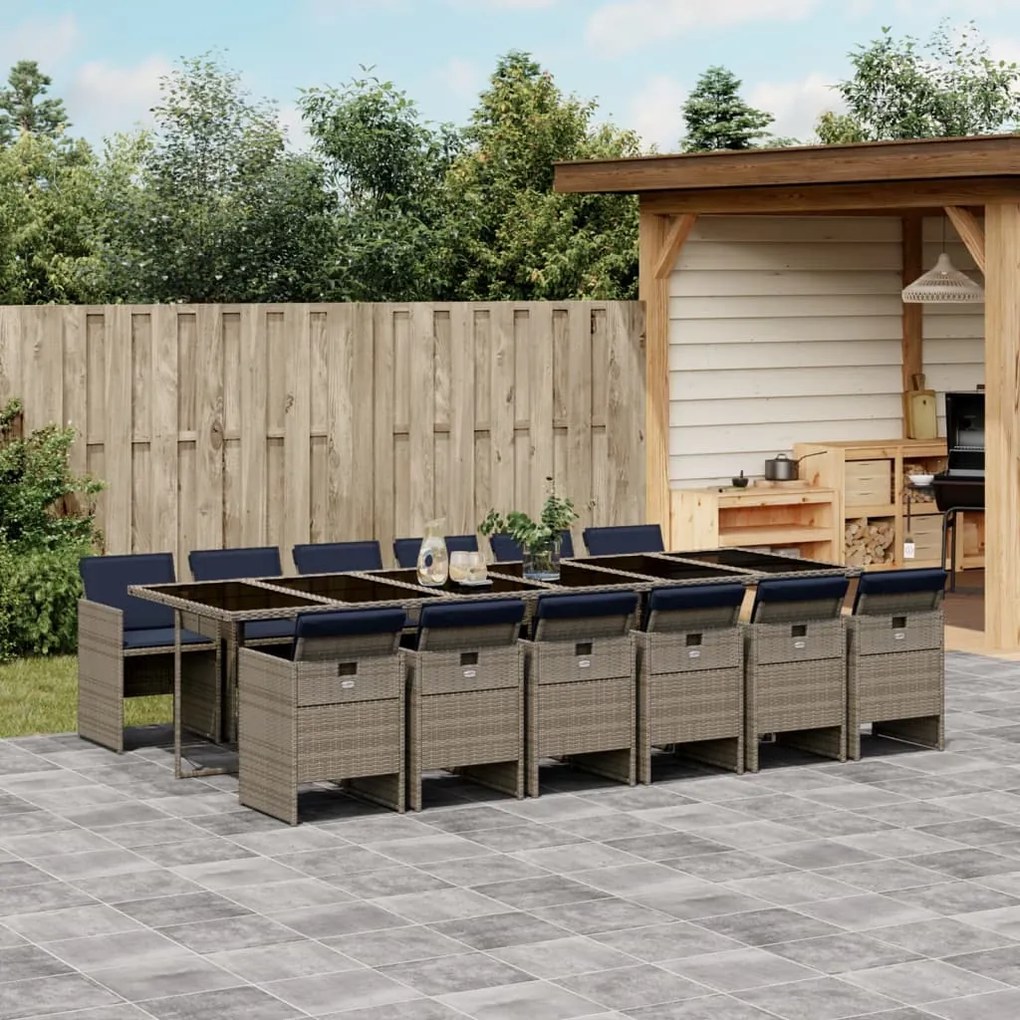 vidaXL 13 pcs conjunto jantar p/ jardim c/ almofadões vime PE cinzento