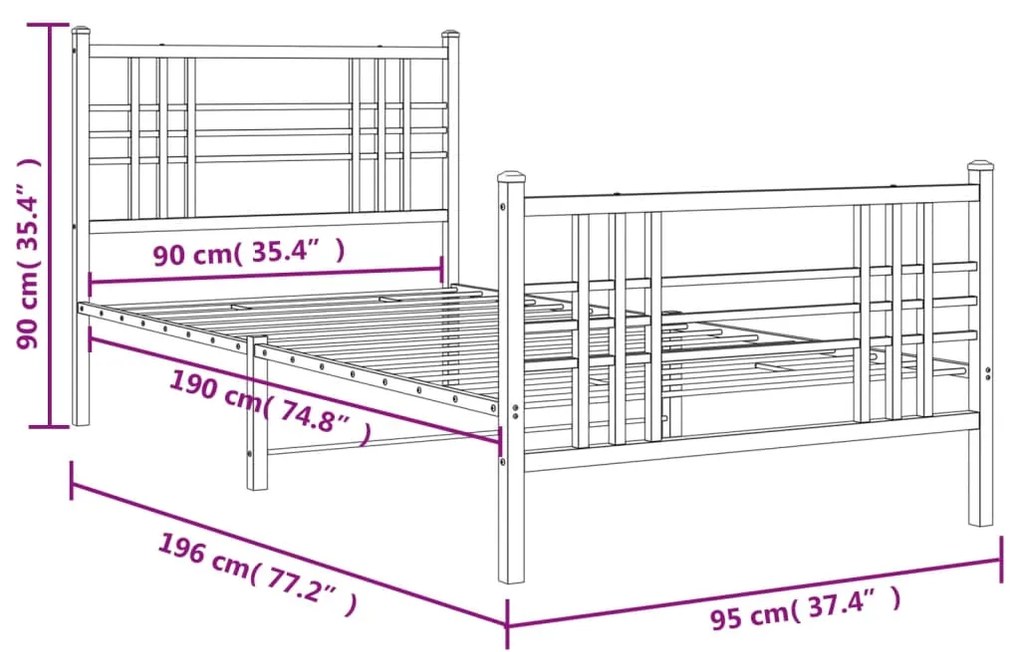 Estrutura de cama com cabeceira e pés 90x190 cm metal branco