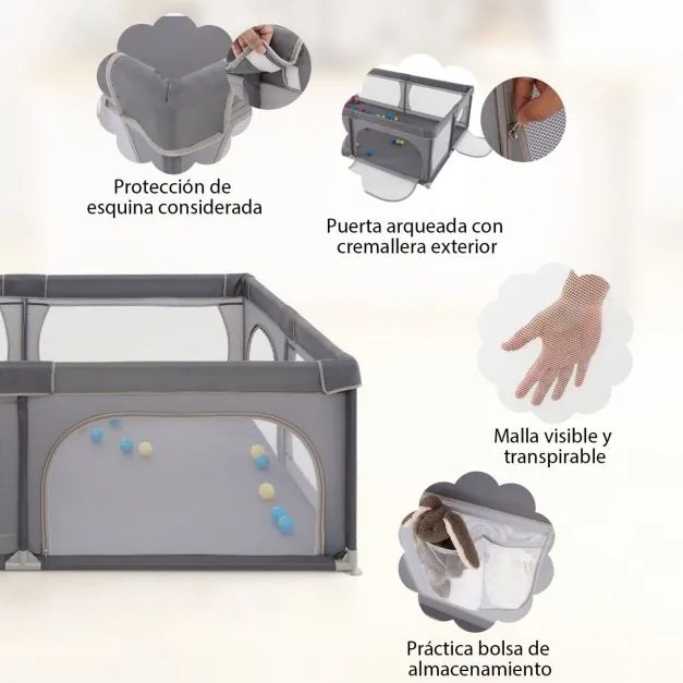 Parque infantil, centro Atividade com bolas para bebés Estável, atóxico, com rede respirável 206 x 147 x 68,5 cm Cinza escuro